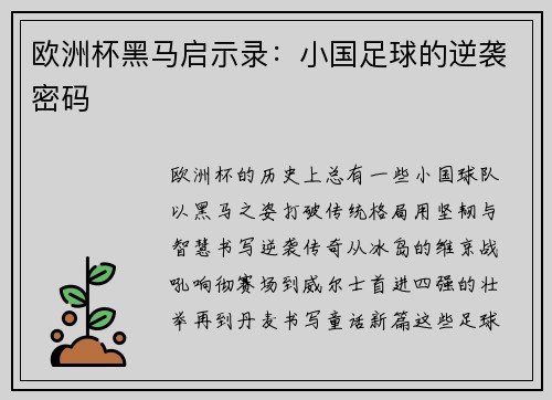 欧洲杯黑马启示录：小国足球的逆袭密码