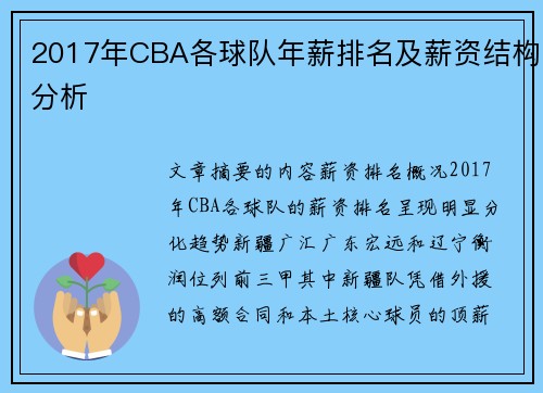 2017年CBA各球队年薪排名及薪资结构分析