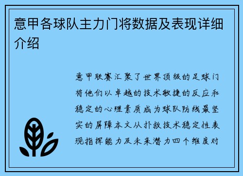 意甲各球队主力门将数据及表现详细介绍